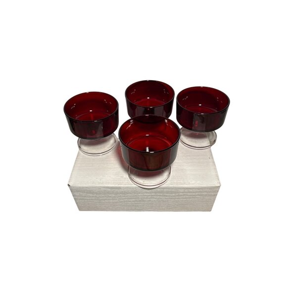 4 Vintage Ruby Red Glass Dessert Sherbet Bowls With Clear Pedestal Base France - Picture 3 of 14